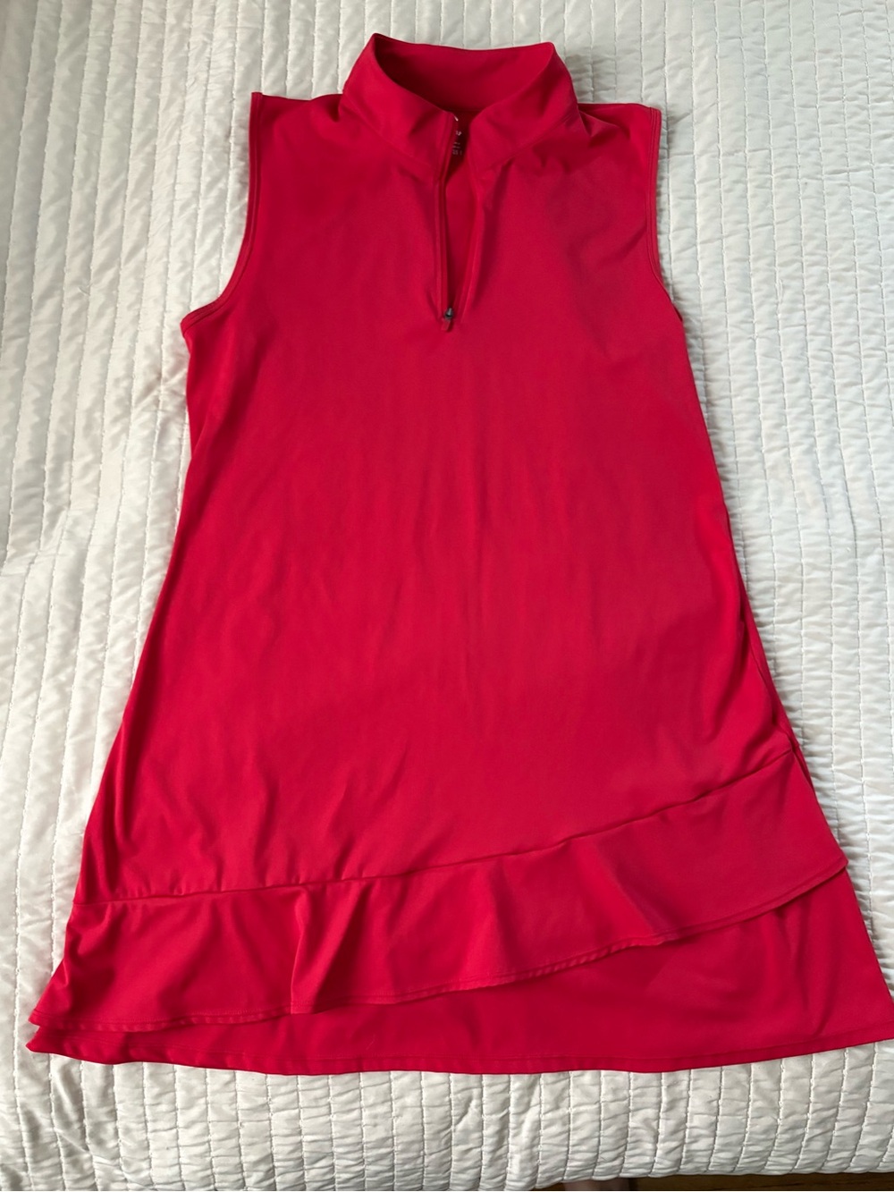 G Gradual Deep Red Sleeveless Zip-Neck Asymmetrical Ruffle Hem Tennis Dress